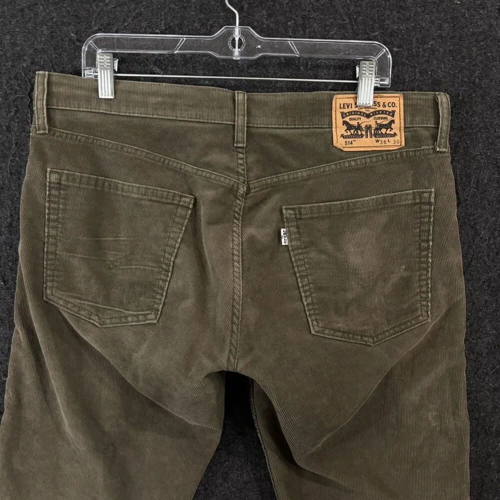 Levis 514 Corduroy Pants Men's 36x30 Olive Green 5-Pocket Straight Casual
